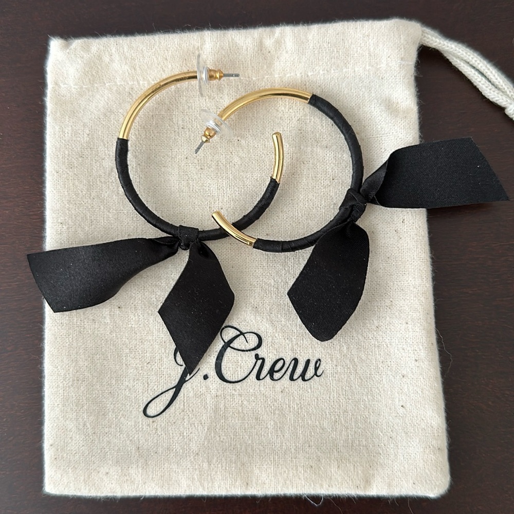 J Crew Gold Hoop Earrings with Black Ribbon Bows